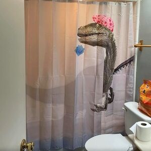 Dinosaur Shower Curtain with Pink Hat and Sign